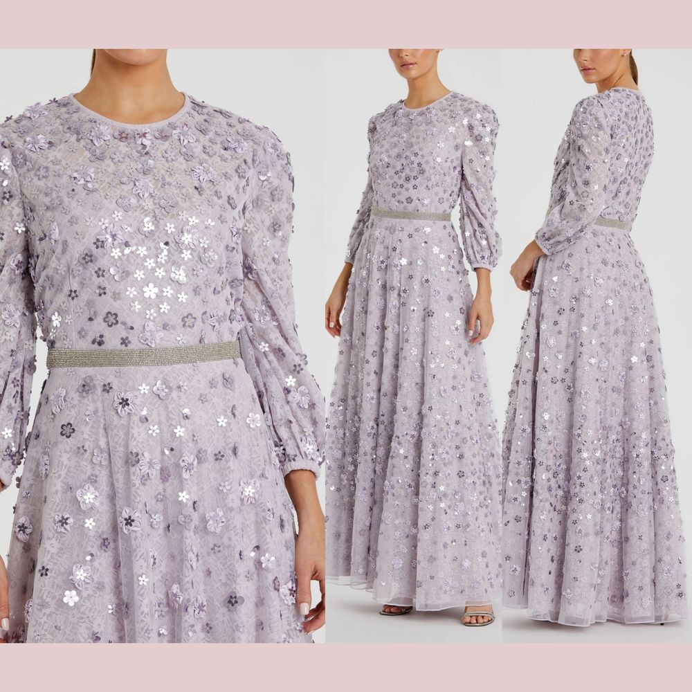 Nwt Mac Duggal [ 8 ] 93805 Floral Applique Puff Sleeve High Neck Gown Lavender